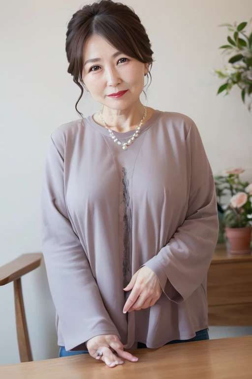 Beautiful mature Japanese woman aged 55, Married women, have fine wrinkles, Long eyelashes, Sparkling eyes, Low ponytail, Red lipstick, elegant, Great body, Pearl Necklace, photograph, Sensual pose, Viewer discretion advised