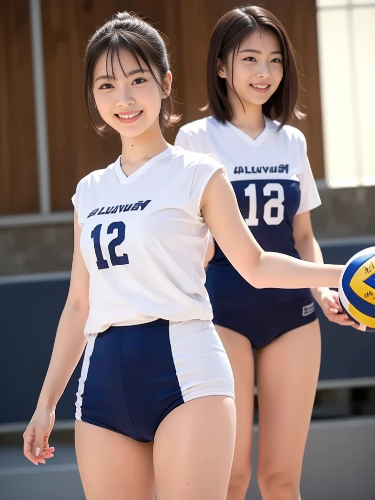 Glossy thighs、(8K、top-quality、masterpiece:1.2)、(realisitic、Photorealsitic:1.37)、ultra-detailliert、top-quality、超A high resolution、professionally lit、Photon mapping、Radio City、physically-based renderingt、Cinematic lighting、depth of fields,Focusing,Sun'rays,Good composition,,(((1 girl of 12 years))),Double eyes、(((white Volleyball uniform 、Dark blue high-leg low-rise bloomers)))、Gymnasium、A big smile、Gymnasium Court, (Tween model, 12 year old girl, young)), Ethereal beautiful, slim, very beautiful short hair,Colossal tits、 Toned abs, short cut hair、Soft light, ((David Hamilton Style)),