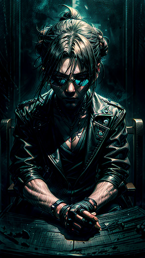 a stylish korean man with long hair tied in bun, wearing black round sunglasses, black leather gloves, dark clothing, sitting on a chair in a dark environment, dynamic point of view, best quality, ultra-detailed, photorealistic, vivid colors, dramatic lighting, chiaroscuro, dark and moody atmosphere, masculine, charismatic, punk style
