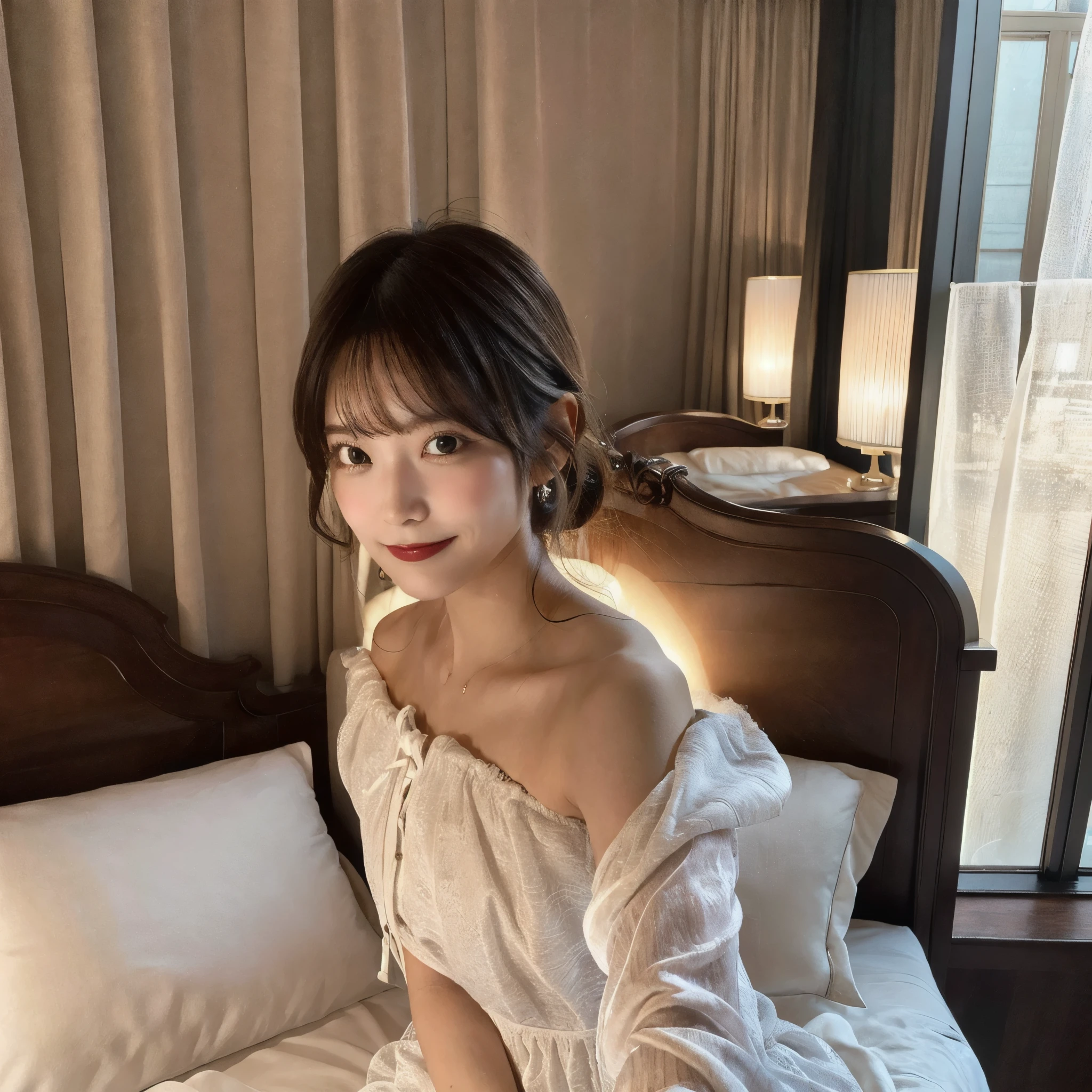 A woman, nestled in the plush, white linens of her hotel bed, captures a serene (selfie:1.8) just after waking up. She’s wearing a soft, silk nightgown, with the morning light filtering through sheer curtains behind her. Her expression is peaceful, with a subtle smile, embodying a relaxed start to the day. The opulent headboard and the fluffy pillows frame her, highlighting the luxury of her surroundings
