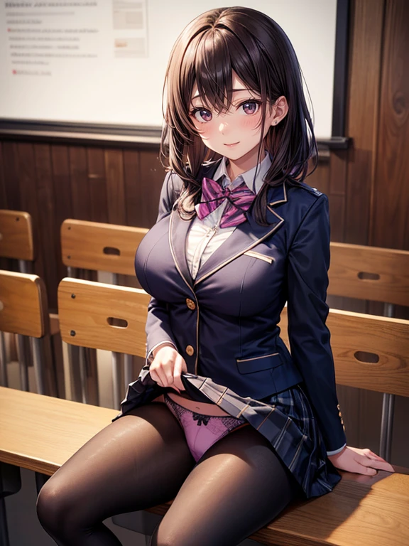 (Highest quality), Super detailed), (Ultra High Resolution 8K), High-definition facial beauty,  ((Skirt Lift)), A girl with a lovely smile and a sexy female teacher, (Big Breasts), Detailed blazer uniform, loafers, leggings, Showing off purple panties , (Blushing, Embarrassing:1.3), Very hot day, ((Seduce her by sitting at the lectern)), Panties that are damp