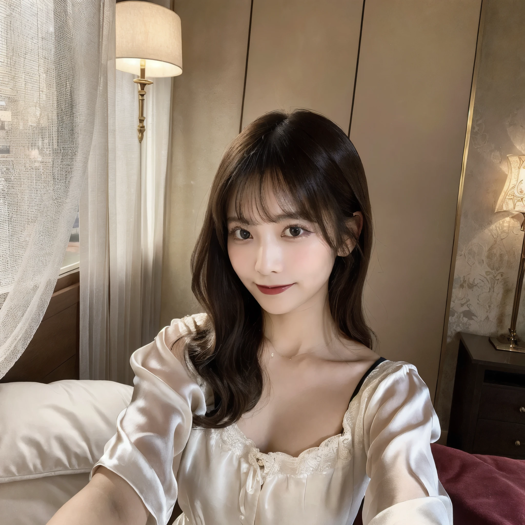 A woman, nestled in the plush, white linens of her hotel bed, captures a serene (selfie:1.8) just after waking up. She’s wearing a soft, silk nightgown, with the morning light filtering through sheer curtains behind her. Her expression is peaceful, with a subtle smile, embodying a relaxed start to the day. The opulent headboard and the fluffy pillows frame her, highlighting the luxury of her surroundings