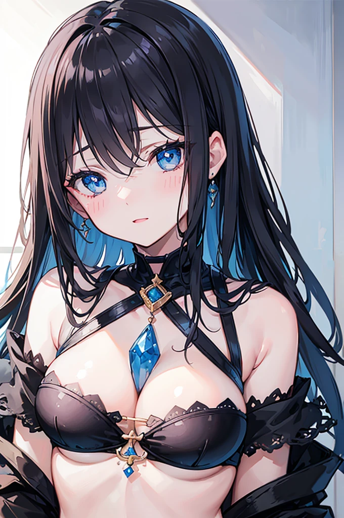 (masterpiece), best quality, expressive eyes, perfect face, black hair, blush, black choker, blue eyes, shoulder showing, happy, chest showing, bikini