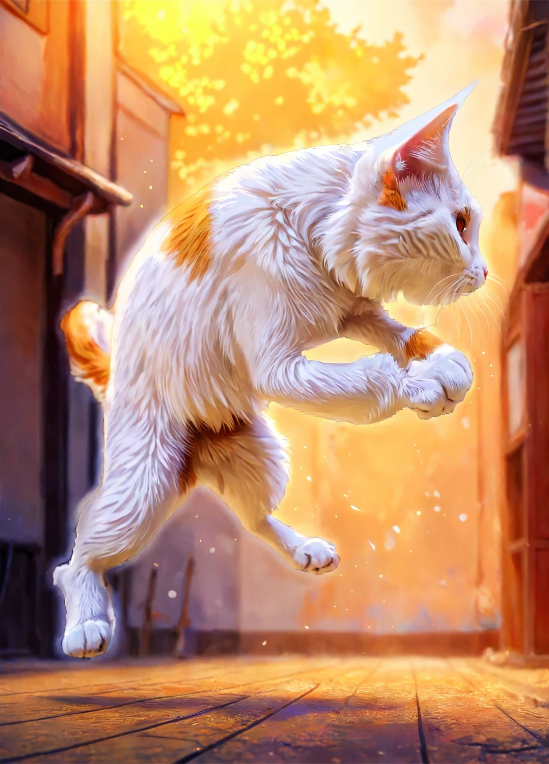 The ginger_white cat stood on two legs and shouted in desperation., digital anime painting style.