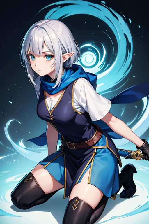 Anime Art、Full body portrait、Fantasy World Assassin、An elven woman, about 165cm tall, around 32 years old, wearing a blue vest, white T-shirt and blue long skirt, kneeling on one knee and holding a knife in her hand、Expressionless、Short medium hairstyle、Silver Hair、Green Eyes、Black tights、boots、gloves、A blue scarf around her neck