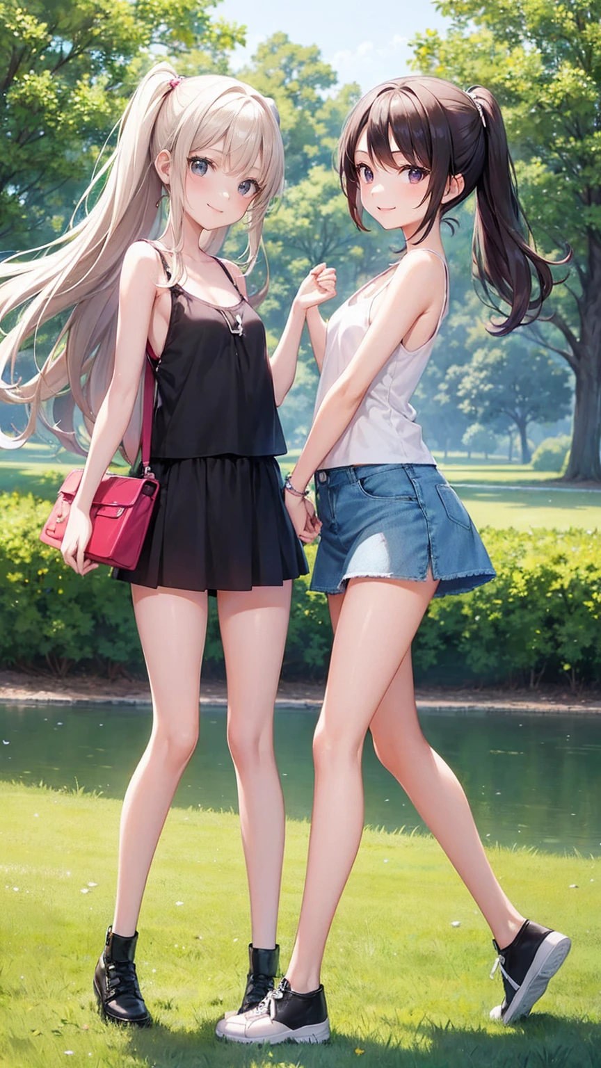 Very cute 10 year old twin girls(2 people)is having a pleasant walk in the park、Tank top、camisole、one piece、mini skirt、Long Hair、Slim body、Beautiful legs、Beautiful body、high resolution、8K、(smile)