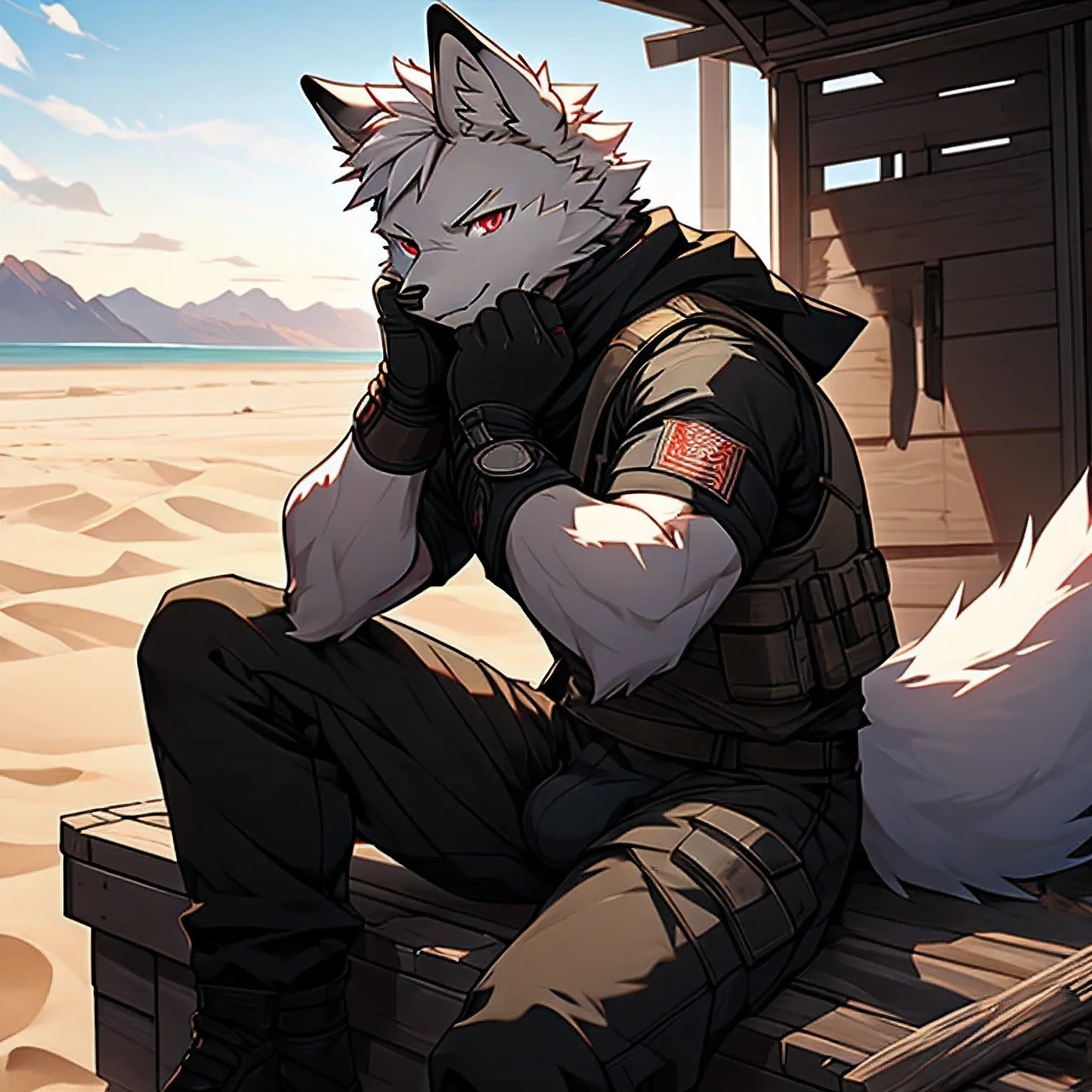 Masterpiece, Solo, Young face, Cool Pose, Furry White arctic fox, Medium Strong Body, Red Eyes, White short hair, black scarf that covers the mouth, homemade Combat Shirt, homemade Combat Gloves, homemade Combat Pants, Bulge in crotch, Fierce, Good looking, Sitting, Morning, Sandy dunes, Post-Apocalypse Background