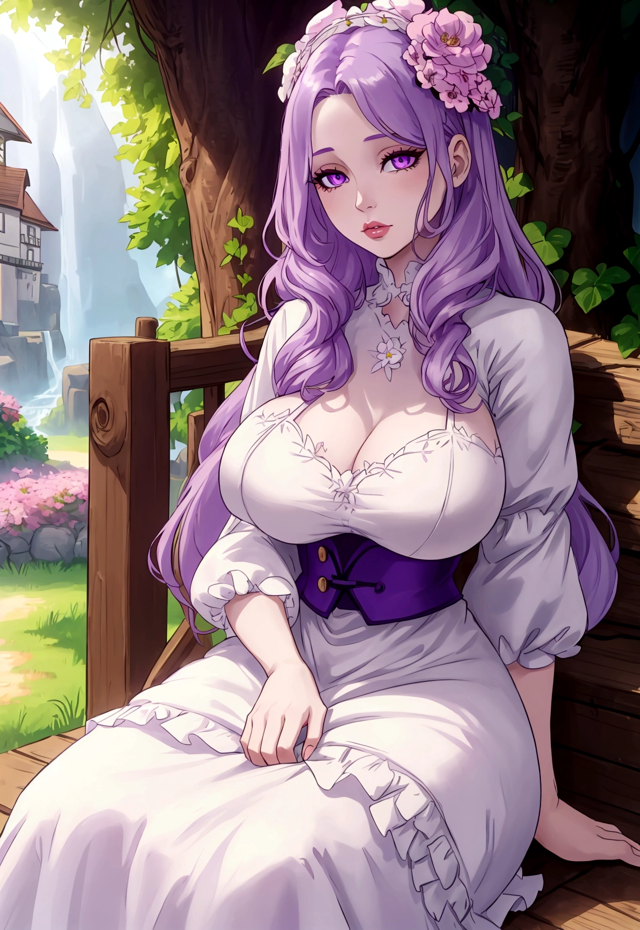 A woman with very long straight light purple hair, beautiful torn light purple eyes, light pink lips, pale white skin, Big breasts, thin waist, big hips, granary, vintage pink flower dress, sitting under a tree, summer, stardew valley style