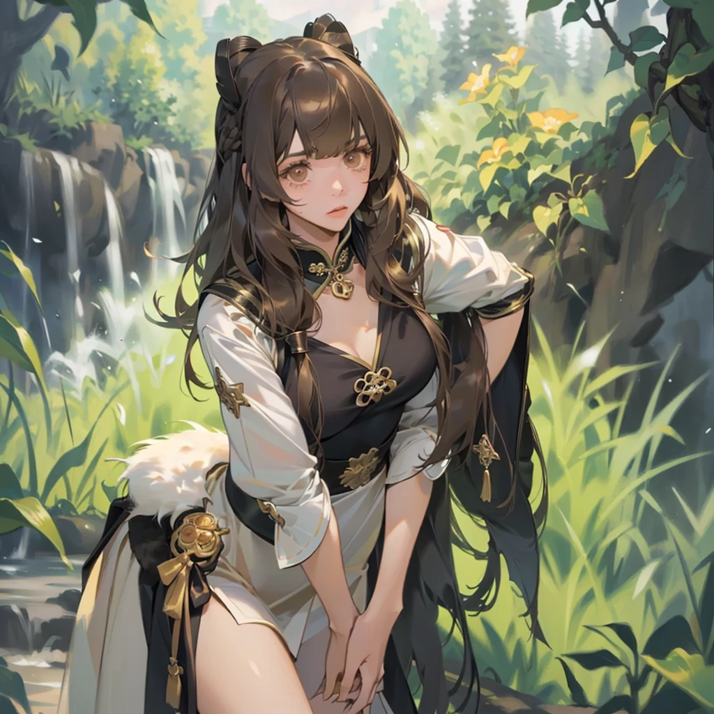 (Masterpiece:1.2, premium), (realist, photorealist:1.4), beautiful illustration, (Natural side lighting, movie lighting), 
looking at the viewer, 1 girl, Japanese, girl de secundaria, Perfect face, cute and symmetrical face, shiny skin, 
(wide, pierce hair, by rubio), hair between the eyes, gold eyes, long eyelashes, (medium breasts), slender, 
beautiful hair, beautiful face, Beautiful detailed eyes, beautiful clavicle, beautiful body, beautiful chest, beautiful thigh, nice legs, beautiful fingers, 
(girl,whole body,(detailed face:1.2), Masterpiece, fashion,chinese dress,, medium hair, black fur, two tails, blunt bangs, Brown eyes,