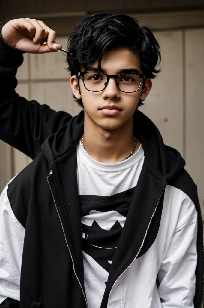 16 year old boy, messy black hair, lower lip and nose piercing, with glasses, tez blanca, slightly adorable appearance and with a dark emo style