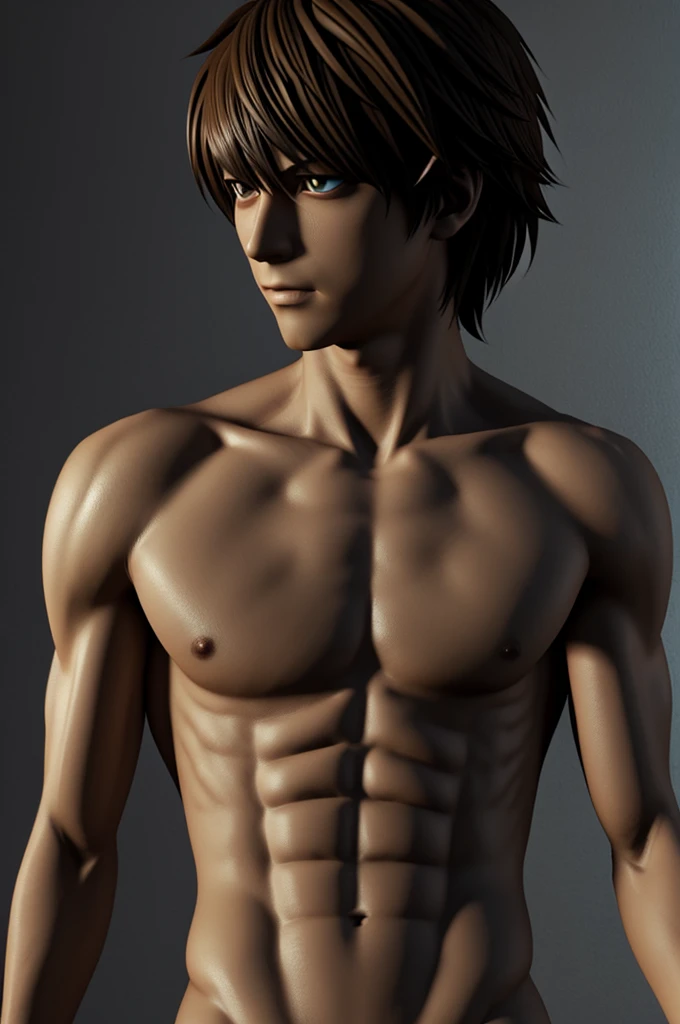 Generates the character Light Yagami from Death Note animated without a shirt, less serious, more seductive, sexy, in drawing version, For 3D