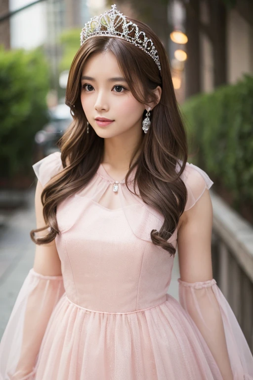 A brown-haired woman wearing a light pink dress and a tiara