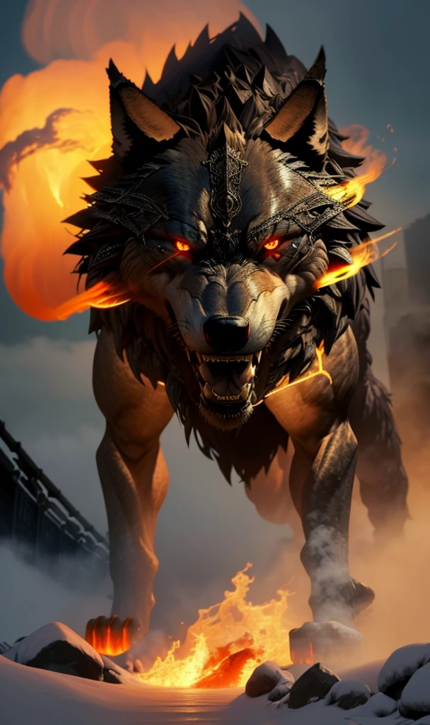 fenrir2023, 1 giant wolf over new york city, smoke, fog, flames, Ragnarok, gold chains, glowing eyes, sharp teeth,  8k, uhd, masterpiece, detailed, chained, trending on artstation, 4 legs,