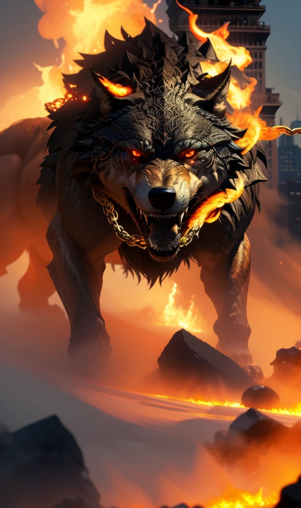 fenrir2023, 1 giant wolf over new york city, smoke, fog, flames, Ragnarok, gold chains, glowing eyes, sharp teeth,  8k, uhd, masterpiece, detailed, chained, trending on artstation, 4 legs,