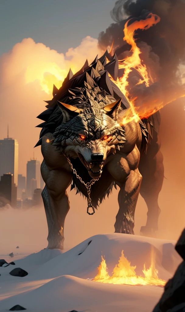 fenrir2023, 1 giant wolf over new york city, smoke, fog, flames, Ragnarok, gold chains, glowing eyes, sharp teeth,  8k, uhd, masterpiece, detailed, chained, trending on artstation, 4 legs,