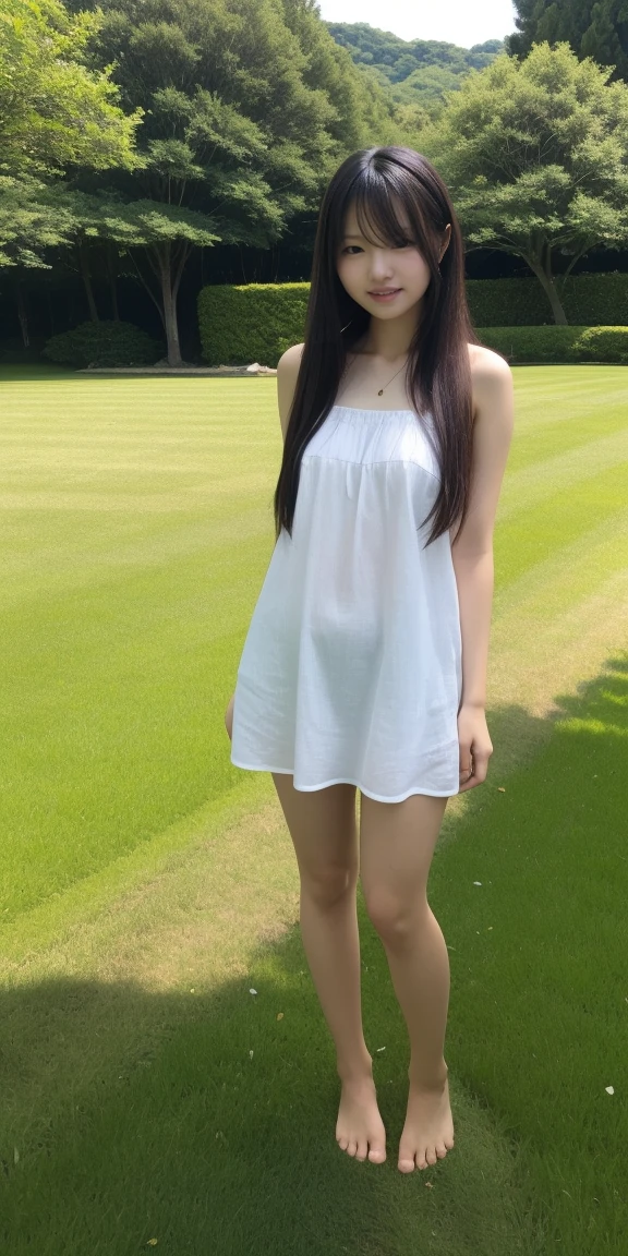 ,high school student,Black Hair,bangs,ponytail,Hair blowing in the wind,Straight hair,Dark Eyes,Small face,Young Face,Clean your eyes,Small Mouth,thin,Young Face,Flat chested,Flat chested,Flat chested,Small breasts,Small breasts,Small breasts,Realistic photos,8k,Mouth slightly open,Ultra HD,whole body,Pure girl,grassland,blue sky,whole body,,White tank top dress,summer,smile,Showing teeth,Back view,look back,Butt