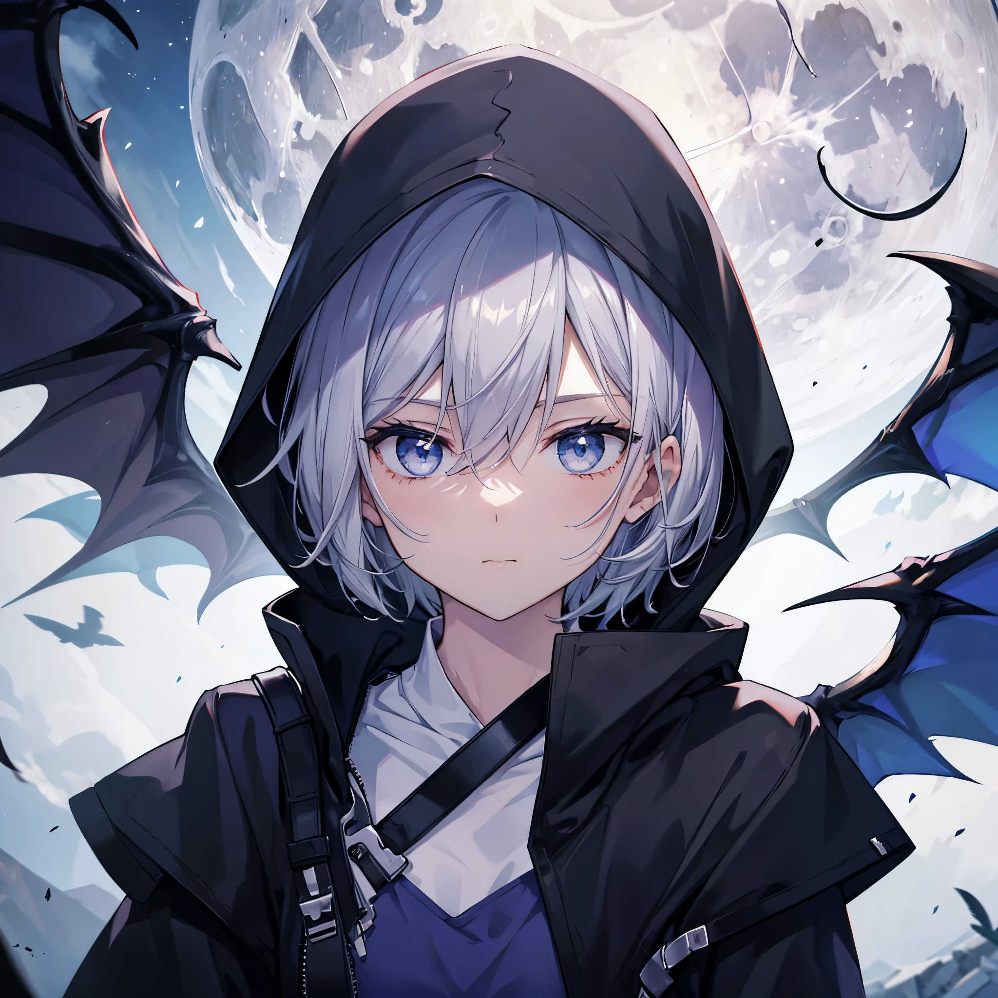 ((((grim Reaper　Inflammation))))　(((Gray Hair　short hair　blue eyes　woman　Center close-up)))，((night　full moon　My own big wings))，(Wearing a hood　Black camisole　Purple light)，　A tense look　Shining Background　Shining Edges