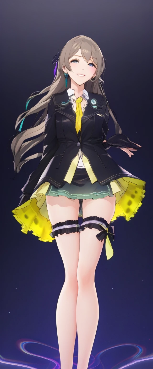 firefly \(honkai: star rail\), black thighhighs, hairband, gradient skirt, hair ornament, blouse, frilled collar, frilled boots, cropped jacket, yellow neckerchief,Mature content,masterpiece, best quality, 1girl, hairband, jewelry, bare shoulders, looking at viewer, blush, gloves, smile, collarbone, elbow gloves, necklace, long hair, earrings, solo focus, thighs, thighhighs ,sexy pose,brainwashed,sexual,sexy,crazy smile,corruption,hypnosis,Illustration,wet,liquid,(Satou Kuuki),huge clear eyes, clear and clean background,