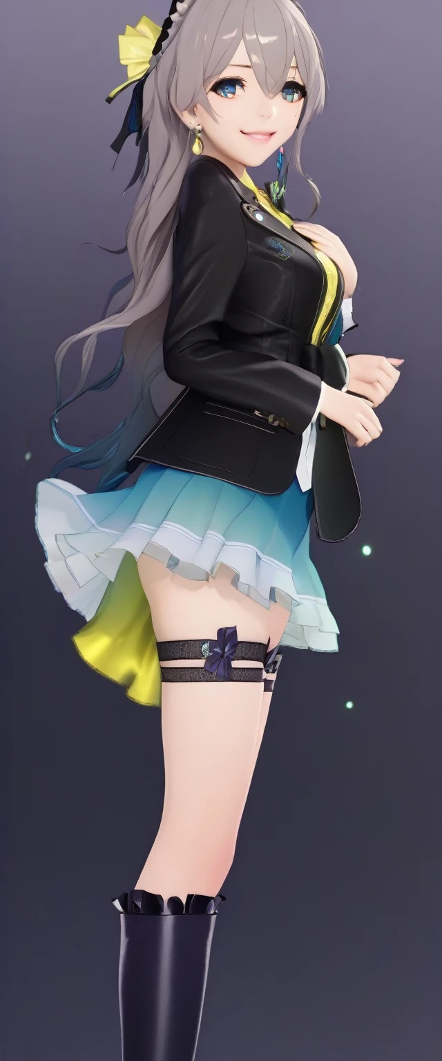 firefly \(honkai: star rail\), black thighhighs, hairband, gradient skirt, hair ornament, blouse, frilled collar, frilled boots, cropped jacket, yellow neckerchief,Mature content,masterpiece, best quality, 1girl, hairband, jewelry, bare shoulders, looking at viewer, blush, gloves, smile, collarbone, elbow gloves, necklace, long hair, earrings, solo focus, thighs, thighhighs ,sexy pose,brainwashed,sexual,sexy,crazy smile,corruption,hypnosis,Illustration,wet,liquid,(Satou Kuuki),huge clear eyes, clear and clean background,