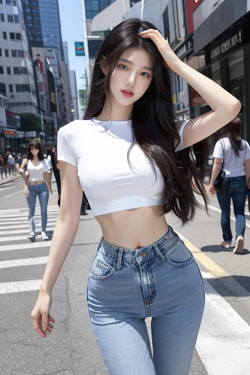 A woman in a white shirt and jeans walking on the street., korean girl, gorgeous young korean woman, thin waist and thick hips, beautiful south korean woman, beautiful young korean woman, wearing simple, tight clothing, korean woman, beautiful asian girl, wearing crop top, slim girl model photo, korean female fashion model, attractive girl, wearing a sexy crop top