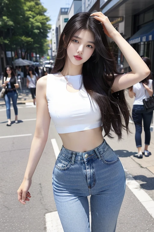 A woman in a white shirt and jeans walking on the street., korean girl, gorgeous young korean woman, thin waist and thick hips, beautiful south korean woman, beautiful young korean woman, wearing simple, tight clothing, korean woman, beautiful asian girl, wearing crop top, slim girl model photo, korean female fashion model, attractive girl, wearing a sexy crop top