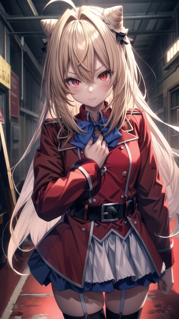 ((Best Quality)), ((Masterpiece)), (detailed), (full body view), {Terakomari Gandesblood}, {1girl, Alone, long hair, blonde hair, cone hair bun, hair ornament, hair intakes, Ahoge, bangs, red eyes, blue bowtie, red jacket, red coat, long sleeves, belt, white skirt, garter straps, white thighhighs}, He has a blood red katana, {correct anatomy}, (remove noise), (16k resolution), (ultra definition), (quality 1.1), (Best Quality anime), (illuminated by god).