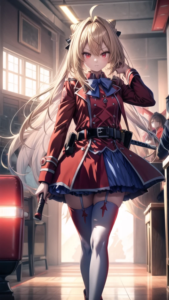 ((Best Quality)), ((Masterpiece)), (detailed), (full body view), {Terakomari Gandesblood}, {1girl, Alone, long hair, blonde hair, cone hair bun, hair ornament, hair intakes, Ahoge, bangs, red eyes, blue bowtie, red jacket, red coat, long sleeves, belt, white skirt, garter straps, white thighhighs}, He has a blood red katana, {correct anatomy}, (remove noise), (16k resolution), (ultra definition), (quality 1.1), (Best Quality anime), (illuminated by god).