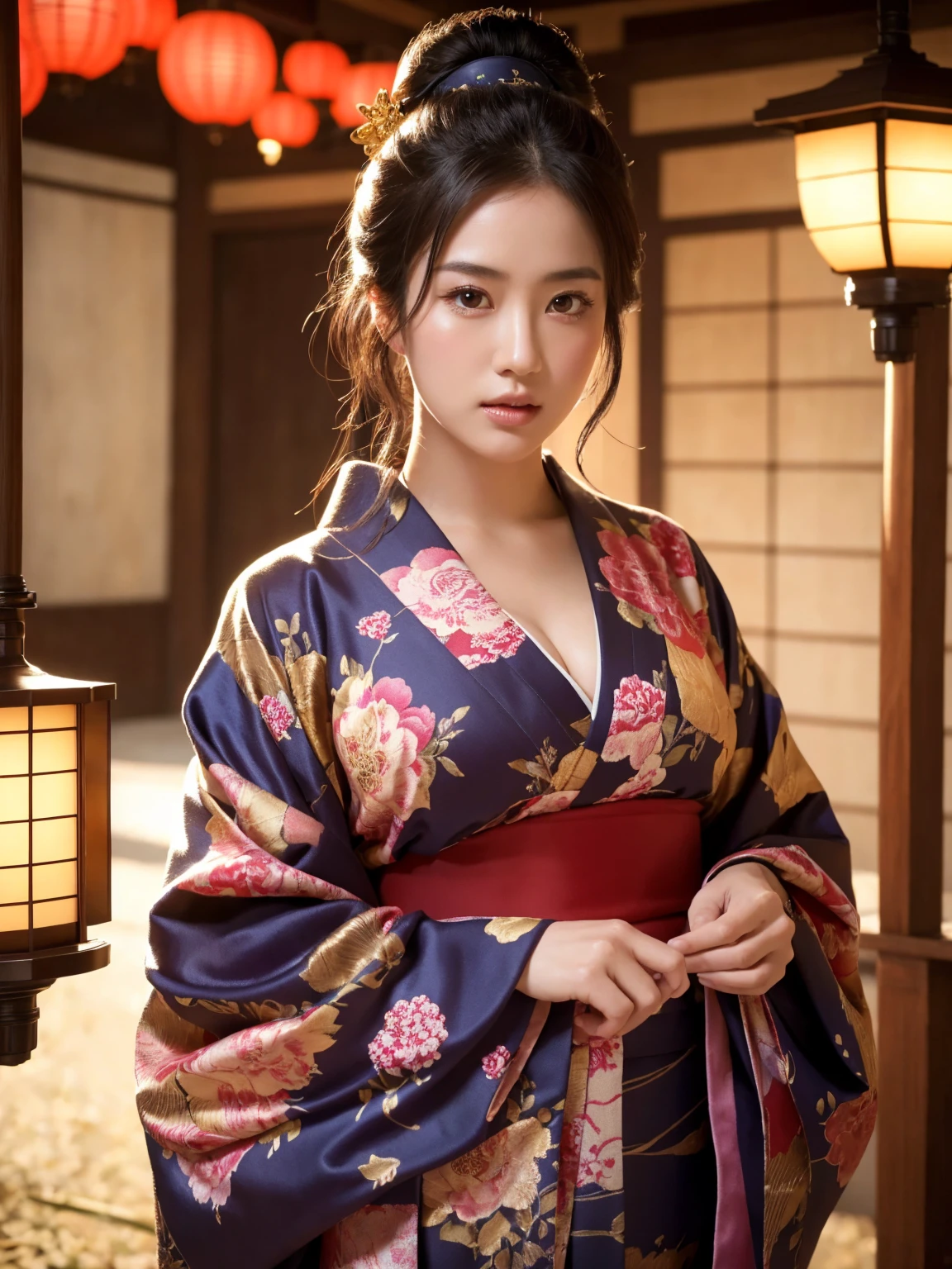 Japanese Girls,kimono,Shrine maiden,Fabric details,Skin Details,Night Light,whole body,Realistically,Realisticallyขั้นสุด,Realistically,High resolution,4K
