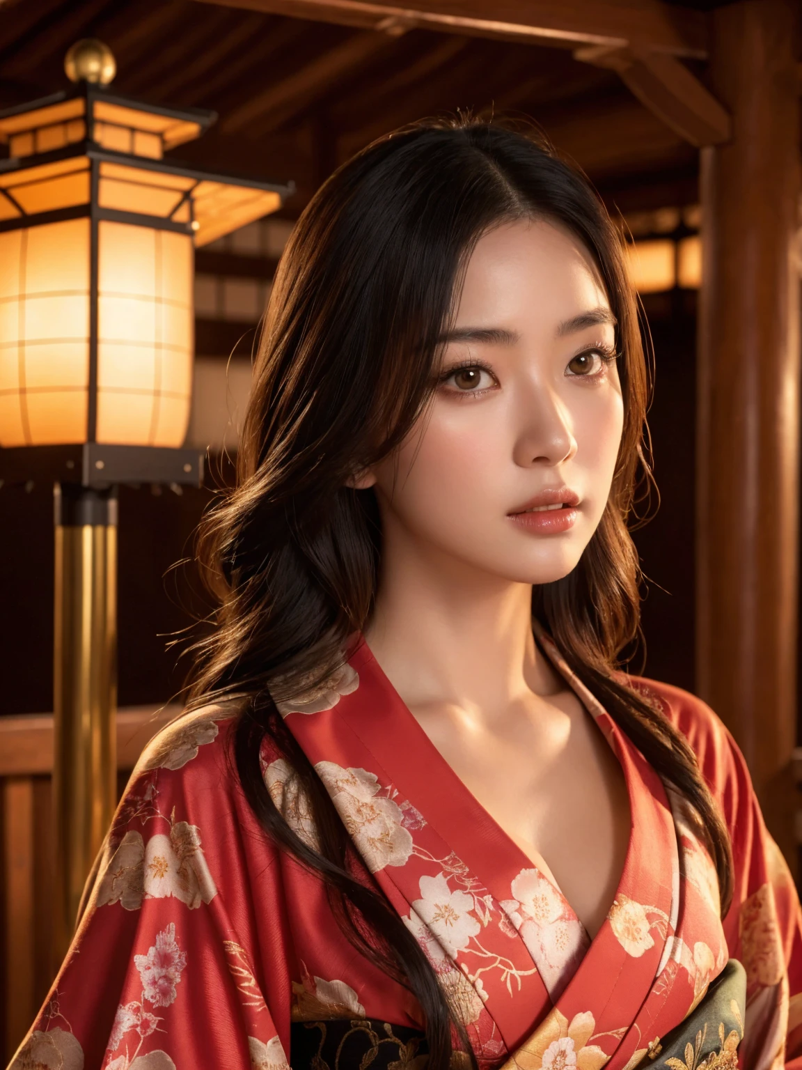 big breasted japanese woman in elaborate kimono, ornate shrine, cinematic atmosphere, (best quality,4k,8k,highres,masterpiece:1.2),ultra-detailed,(realistic,photorealistic,photo-realistic:1.37),(looking at viewer),highly detailed face,beautiful detailed eyes,beautiful detailed lips,extremely detailed eyes and face,long eyelashes,intricate kimono design,ornate shrine background,warm lighting,dramatic shadows,vibrant colors,photorealistic