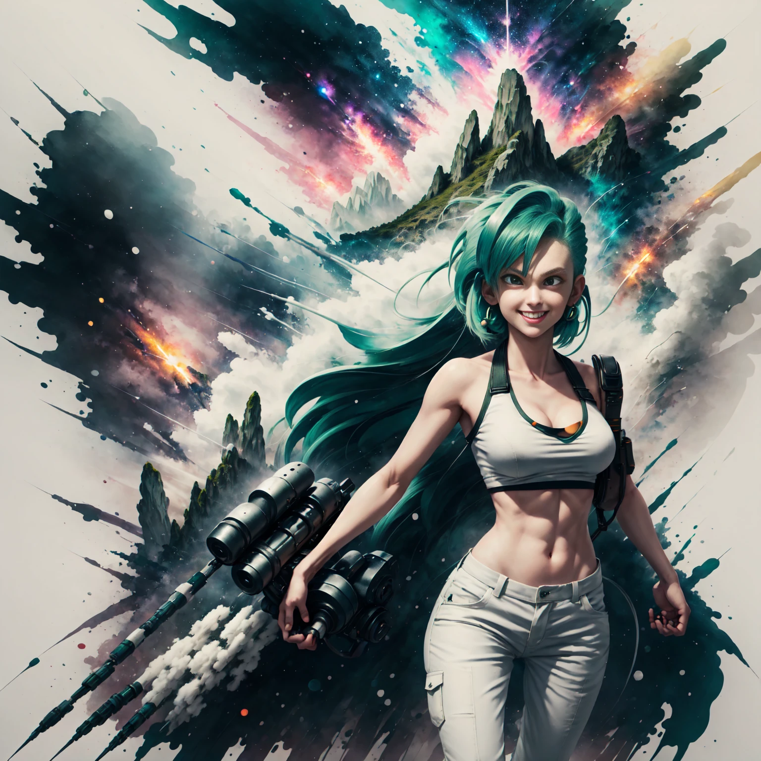 masterpiece, Best quality, Bulma, green headband, white mother, life, green pants, pouch, combat boots, hold the machine gun with both hands, Looking at the viewer, smile, rock formations, mountains