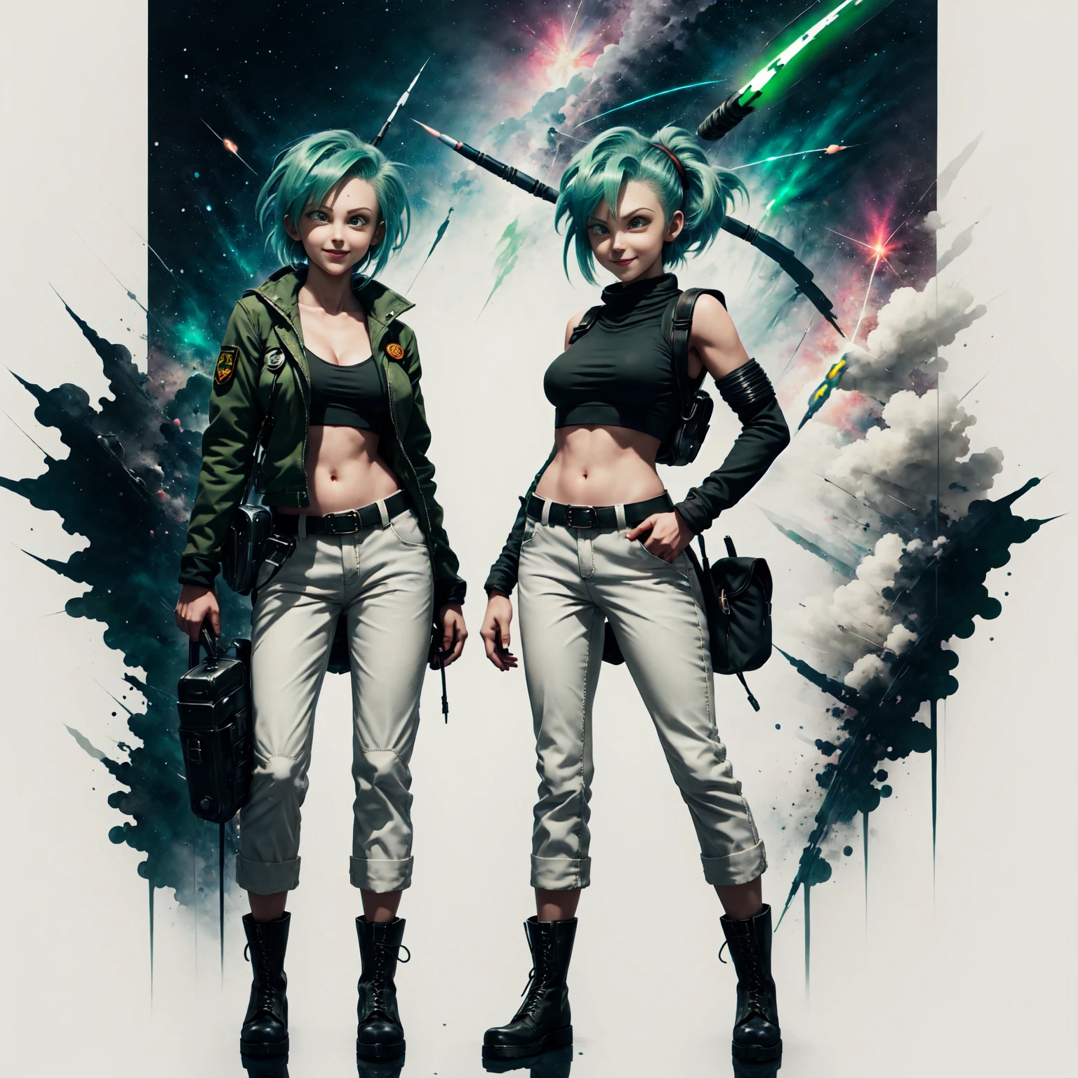 masterpiece, Best quality, Bulma, green headband, white mother, life, green pants, pouch, combat boots, hold the machine gun with both hands, Looking at the viewer, smile, rock formations, mountains