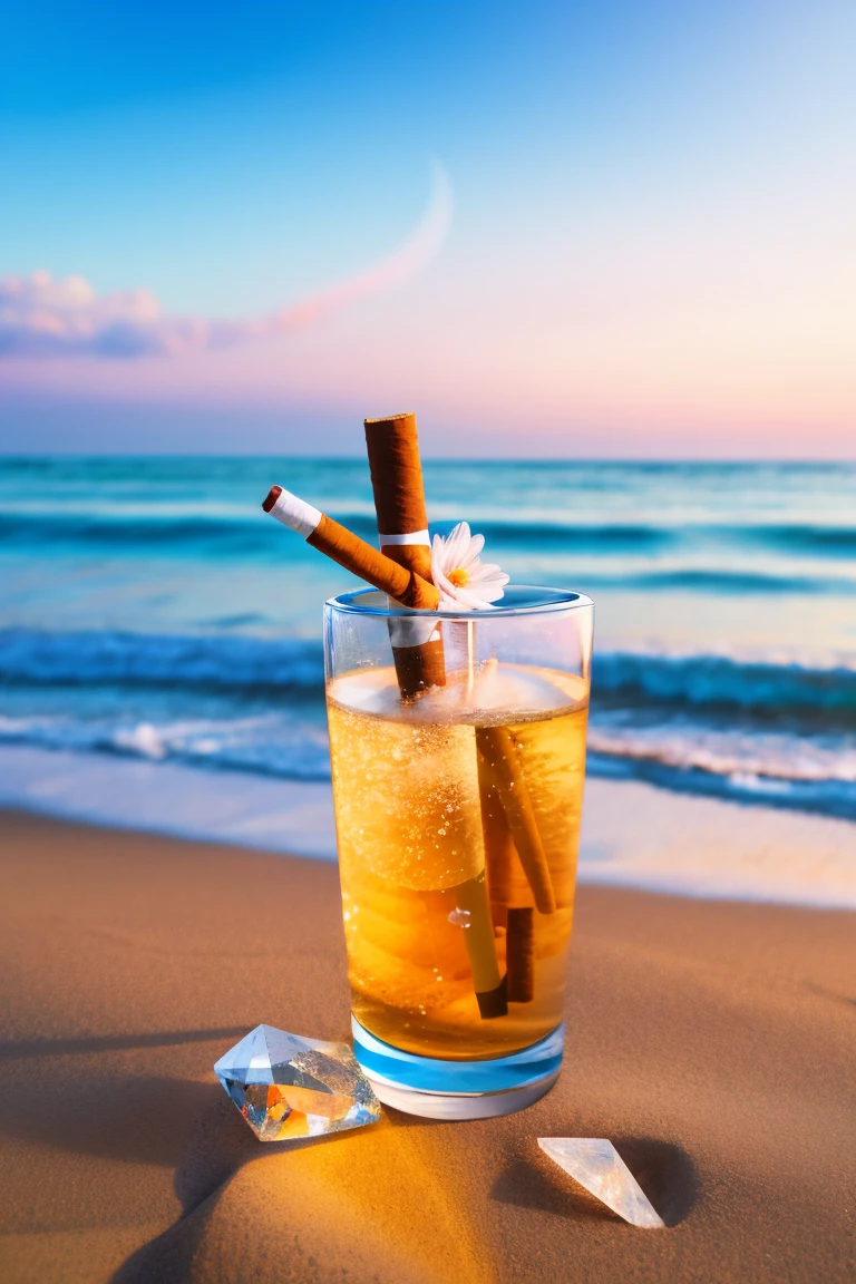 Waning Moon. FlowersRose, Transparent stones and diamond crystals in water, At the Beach, Fantasy, cigarette , photograph, High resolution, 8K ,