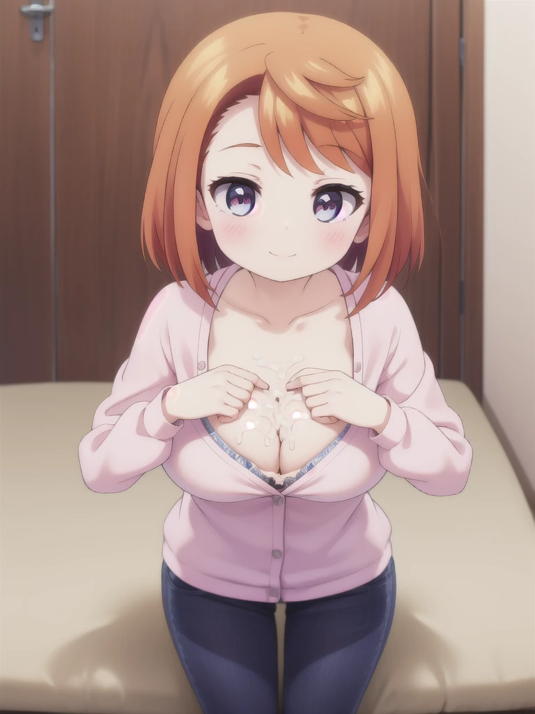 master-piece, bestquality, 1girls,, View viewers from the up, sit down, leaning forward, horny, HD, slight smile, big tits, cleavage, short orange hair, tights cloth, crop top, miniskirt, heart shape pupille, horns, tiny body, wear glasses, paizuri invitation, no bra, cum