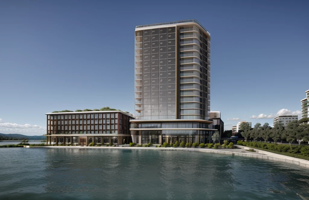 a ((luxury hotel)) in front of a ((lake)), (masterpiece),(high quality), best quality, real,(realistic), super detailed, (full detail),(4k),8k,no humans, outdoors, tree, building, sky, scenery, blue sky, day, road, real world location, window, grass, power lines, car on treet, plants on facade, white painting