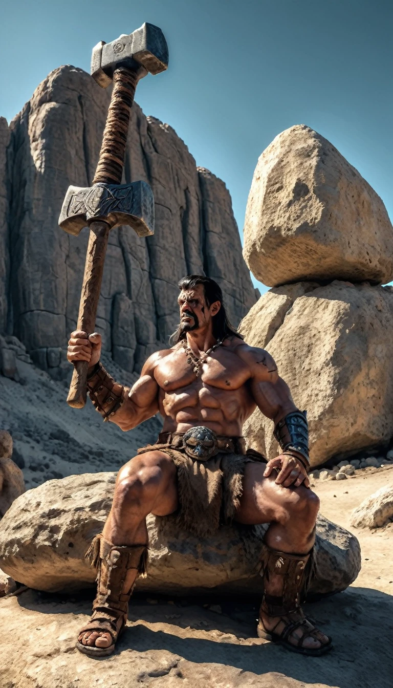 A barbarian warrior sitting in a big rock in middle desert, rodeado de muchos esqueletos, he have a big hammer, Perfect design, master piece, high texture, high details, Cinema style, hdr, light and shadows.