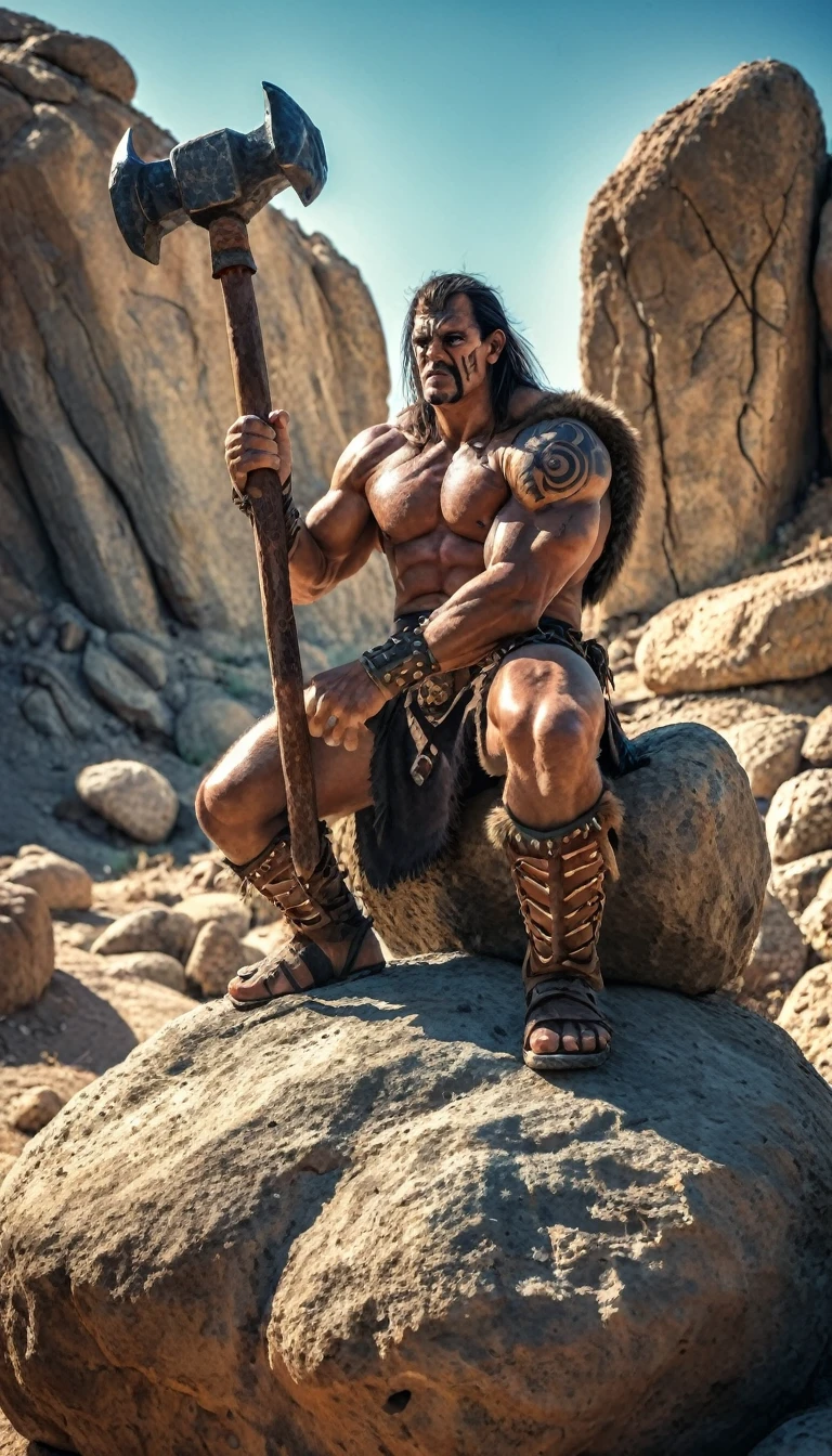 A barbarian warrior sitting in a big rock in middle desert, rodeado de muchos esqueletos, he have a big hammer, Perfect design, master piece, high texture, high details, Cinema style, hdr, light and shadows.