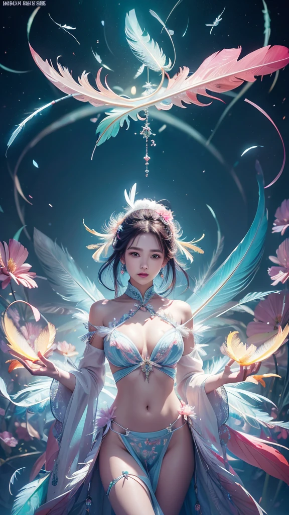 32K, 最高quality, 最高masterpiece, (ultra-Detailed Background, Detailed Background), Absurd, High resolution, Super detailed, Very detailedな, One girl, (bouquet:1.3), (Tangled:1.2), (Geometric:1.2),(colorful),(masterpiece, quality, best quality, Official Art, Beautiful and beautiful:1.2), (1 girl:1.3), Very detailed,(colorful:1.1)(Flowers:1.3),Most detailed,(Tangled:1.2), whole body, (Abstract background:1.3), (Skin glows), (Many colors:1.4), ,(Earrings Feather:1.5), Pale Purple Background,