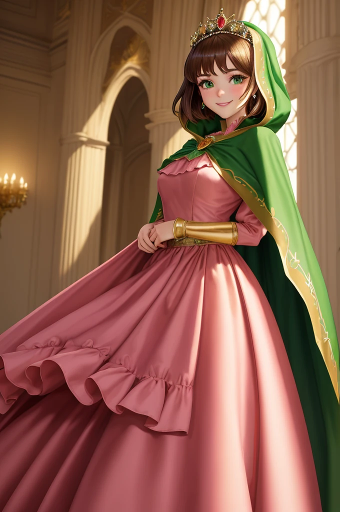 masterpiece, best quality:1.2), 1girl, smile, looking at viewer, green eyes, short brown hair, princess, princess dress, wearing puffy pink ballgown reaching the floor, green cloak cape, golden tiara with veil, standing in ballroom of medieval castle