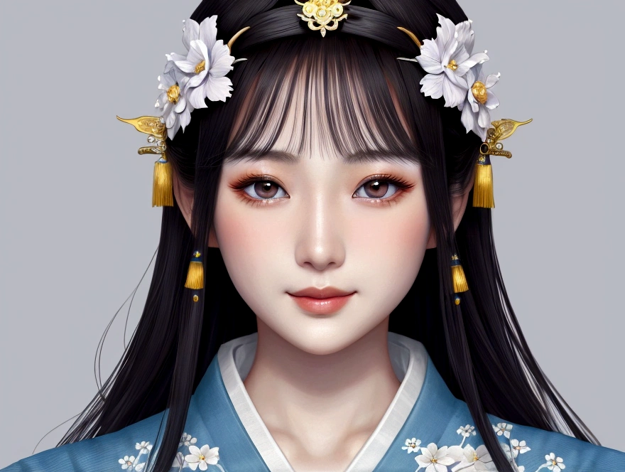 beautiful detailed eyes, beautiful detailed lips, extremely detailed eyes and face, long eyelashes, 1 girl, blue kimono, white background, palace, hanfu, artwork in the style of Gueweiz, beautiful artwork illustration, intricate digital illustration, beautiful digital art, japanese goddess, beautiful fantasy queen, japanese fantasy, beautiful fantasy art portrait, Gueweiz, beautiful digital illustration, graceful japanese woman, chinese fantasy, from front, smile, bust-up
