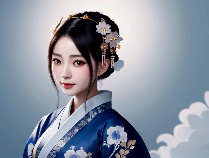 beautiful detailed eyes, beautiful detailed lips, extremely detailed eyes and face, long eyelashes, 1 girl, blue kimono, white background, palace, hanfu, artwork in the style of Gueweiz, beautiful artwork illustration, intricate digital illustration, beautiful digital art, japanese goddess, beautiful fantasy queen, japanese fantasy, beautiful fantasy art portrait, Gueweiz, beautiful digital illustration, graceful japanese woman, chinese fantasy, from front, smile, bust-up