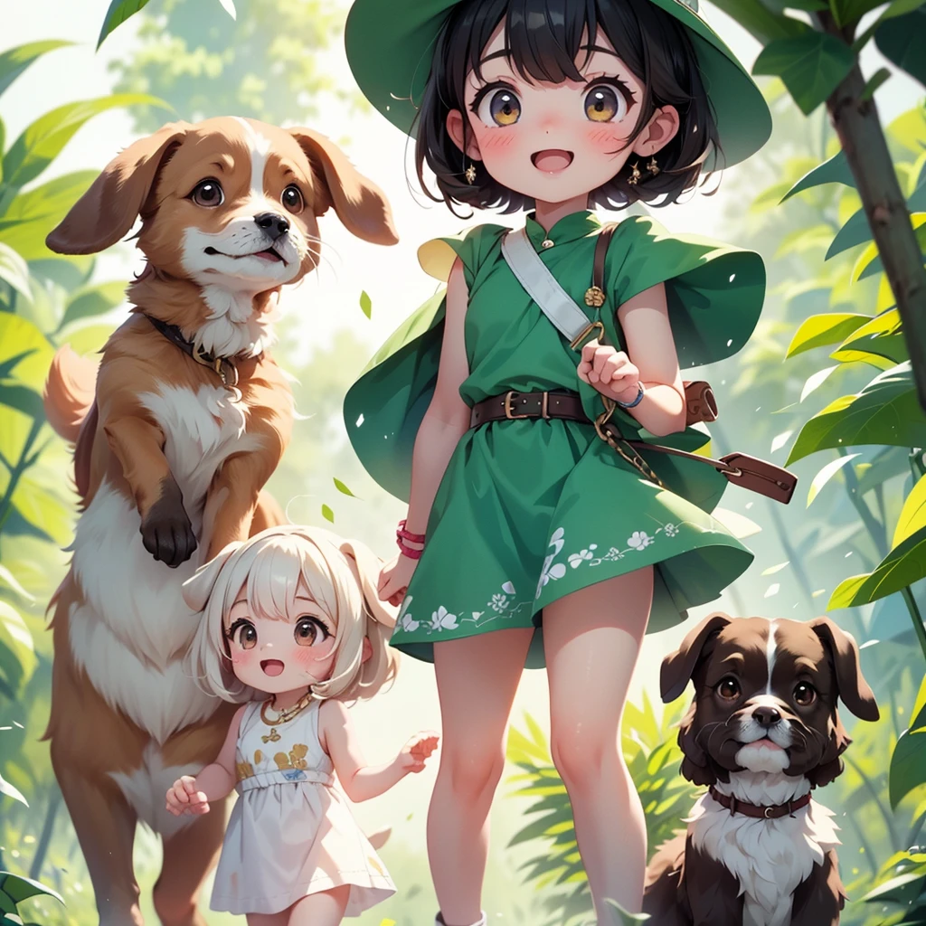 Two Girls、Very close sisters、Walk hand in hand、Having fun and being excited、Jumping around、Shortcuts、Braided Bob、Happy smile、A cute, cool sleeveless dress、Walking alongside a large dog、Nothing in my hands、Watching the audience、(Quadrupedal Dog、Same height as her sisters:1.5、Bushy white hairs、Gently supporting)