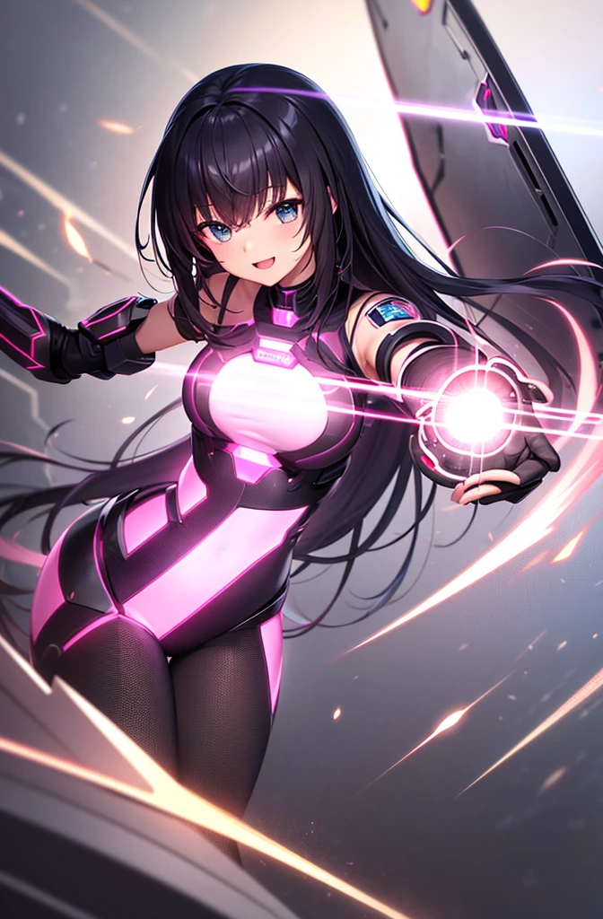 最high quality, high quality, 8K、High resolution,Highest quality、solo、A large heroine of justice wearing pink mecha cyber armor.、Black Hair, Open Mouth Smile, Thighs