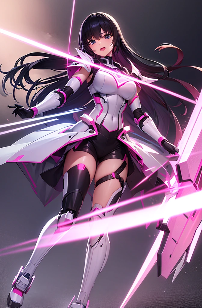 最high quality, high quality, 8K、High resolution,Highest quality、solo、A large heroine of justice wearing pink mecha cyber armor.、Black Hair, Open Mouth Smile, Thighs