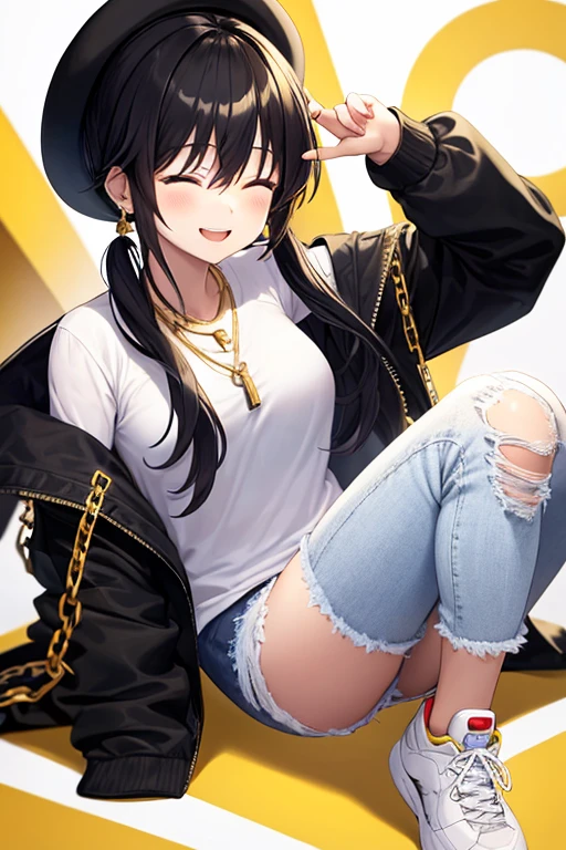 Anime girl style, pale light yellow skin, two pigtails wavy black hair, black hat, short white shirt, open black jacket, torn jeans, white tennis shoes, chain necklace, golden circle earrings, golden glitter around, smiling face closing eyes with blush