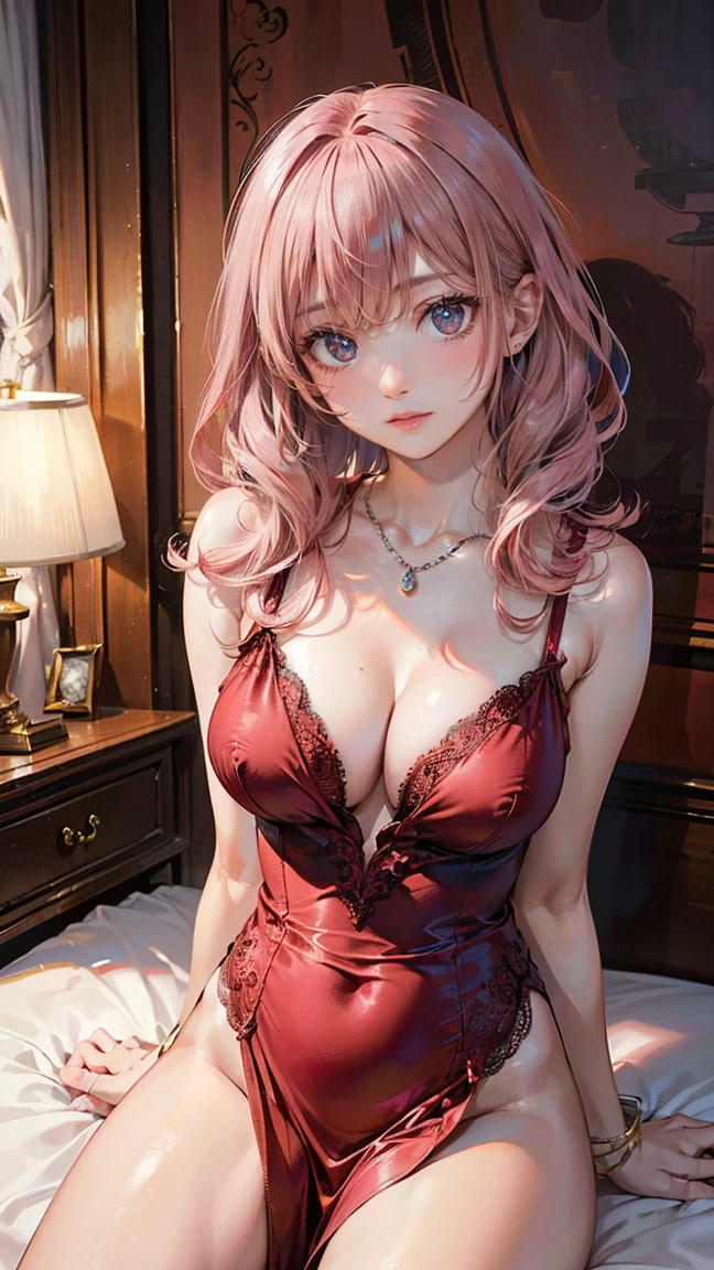(Masterpiece, BestQuality:1.3), (ultra detailed:1.2), (hyperrealistic:1.3), (RAW photo:1.2), High detail RAW color photo, professional photograph, (Photorealistic:1.4), (realistic:1.4), (Pink Hair:1.5), professional lighting, perfect anatomy, (Big Breasts:1.2), (blush, detailed face), (A happy smile:1.7), Trending Hair&Trending Hairカラーをランダムに, earrings, necklace, bracelet, sexly, erotic sexly, Random sexy gravure poses, (Sexy beauty in a red lace gown、Luxury Bedroom、A seductive smile、Long curled hair、Sitting on the edge of the bed。:1.3)