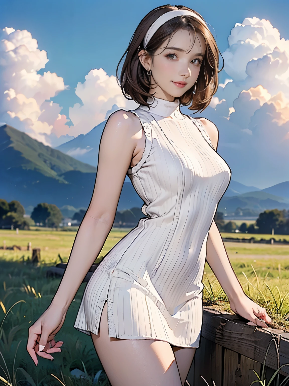 seen from any of the 4 cardinal points, wallpaper, ((((ganyudef)) upper body, 22years old, slim build, shapely body, short hair, smile, blush, outdoors, day)), (background: simple, blue sky, sky, temple, looking at viewer, stairs , mountain), rear side lighting, ((intricate details)),