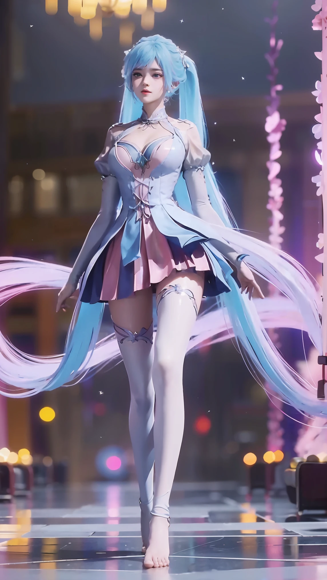 ((Biologically correct number of limbs))、(( Full body illustration from toes to face))、4K、masterpiece、((The eyes are delicately painted、Facial details、Focus on the face))、((Symmetrical, Balanced facial features))、Beautiful woman、Outstanding style、Beautiful clavicle、Beautiful legs、beautiful hands、slim body、(shirt、skirt、barefoot)、look up、High Angle、Background is night city、((Walking posture)) ，Double tail，Colored hair，Blue and Pink Ombre Hair，Smooth thighs，Long legs