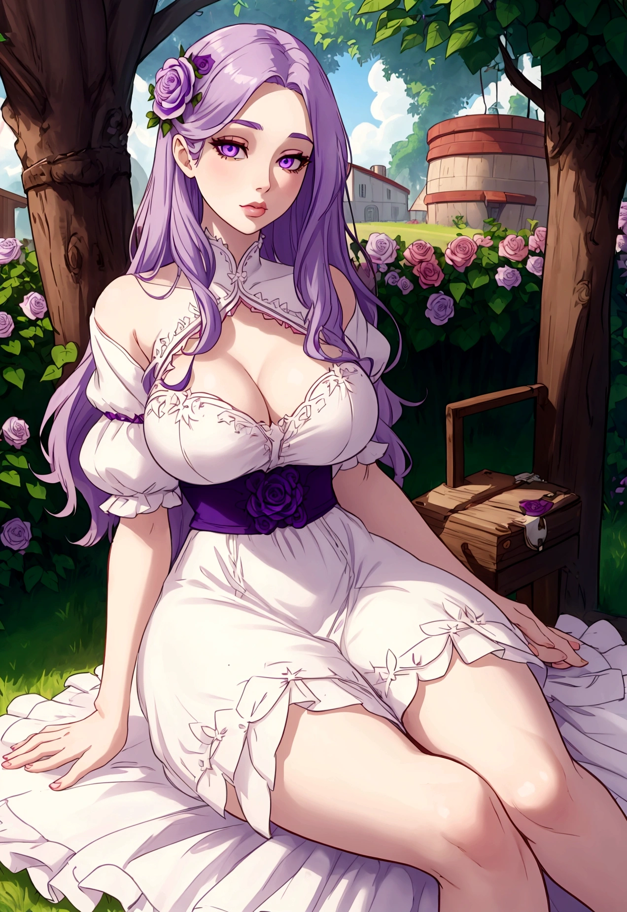 A woman with very long straight light purple hair, beautiful torn light purple eyes, light pink lips, pale white skin, Big breasts, thin waist, big hips, granary,  dress with vintage rose flowers, sitting under a tree, summer, stardew valley style 