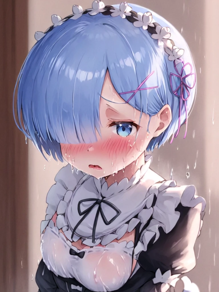 1girl,Alone,rem_\(re:zero\),Blue_eyes,hair_over_One_eye,short_hair,Blue_hair,hair_ribbon,roswaal_mansion_maid_uniform, blushing, annoyed, wet