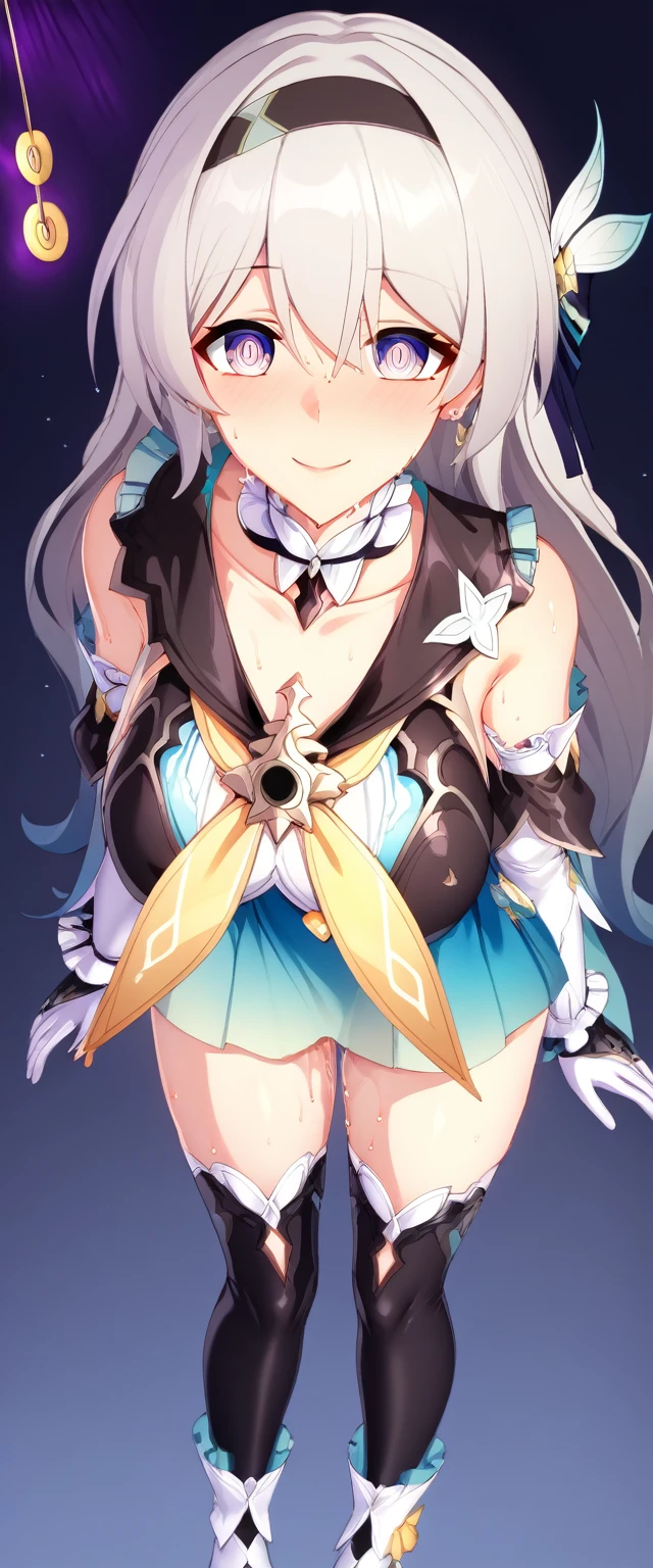 firefly \(honkai: star rail\), black thighhighs, hairband, gradient skirt, hair ornament, blouse, frilled collar, frilled boots, cropped jacket, yellow neckerchief,Mature content,masterpiece, best quality, 1girl, hairband, jewelry, bare shoulders, looking at viewer, blush, gloves, smile, collarbone, elbow gloves, necklace, long hair, earrings, solo focus, thighs, thighhighs ,sexy pose,brainwashed,sexual,sexy,crazy smile,corruption,hypnosis,Illustration,wet,liquid,(Satou Kuuki),huge clear eyes, clear and clean background,